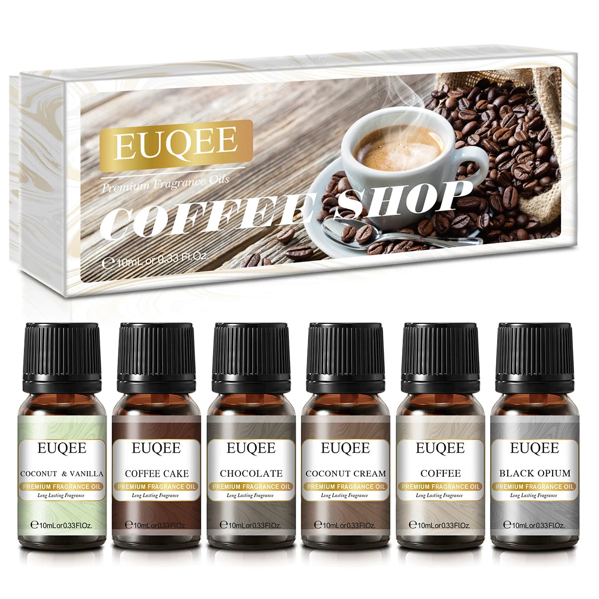 EUQEE 6PCS Aromatherapy Fragrance Oil Gift Set Coffee Fruit Series Essential Oils 10ml Strawberry Cherry Pumpkin Pie Leather
