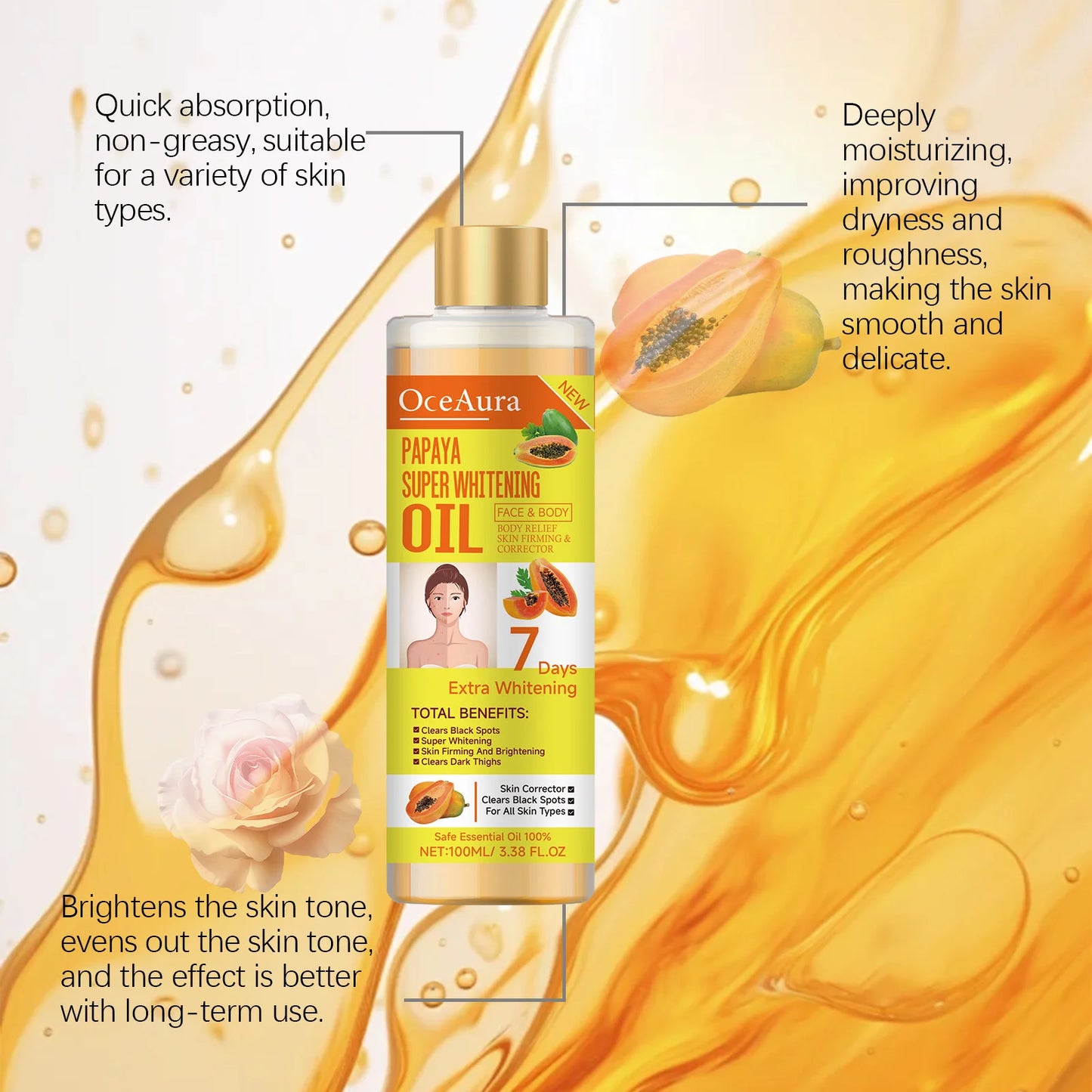 OceAura Papaya Face and Body Oil for Brightening and Firming