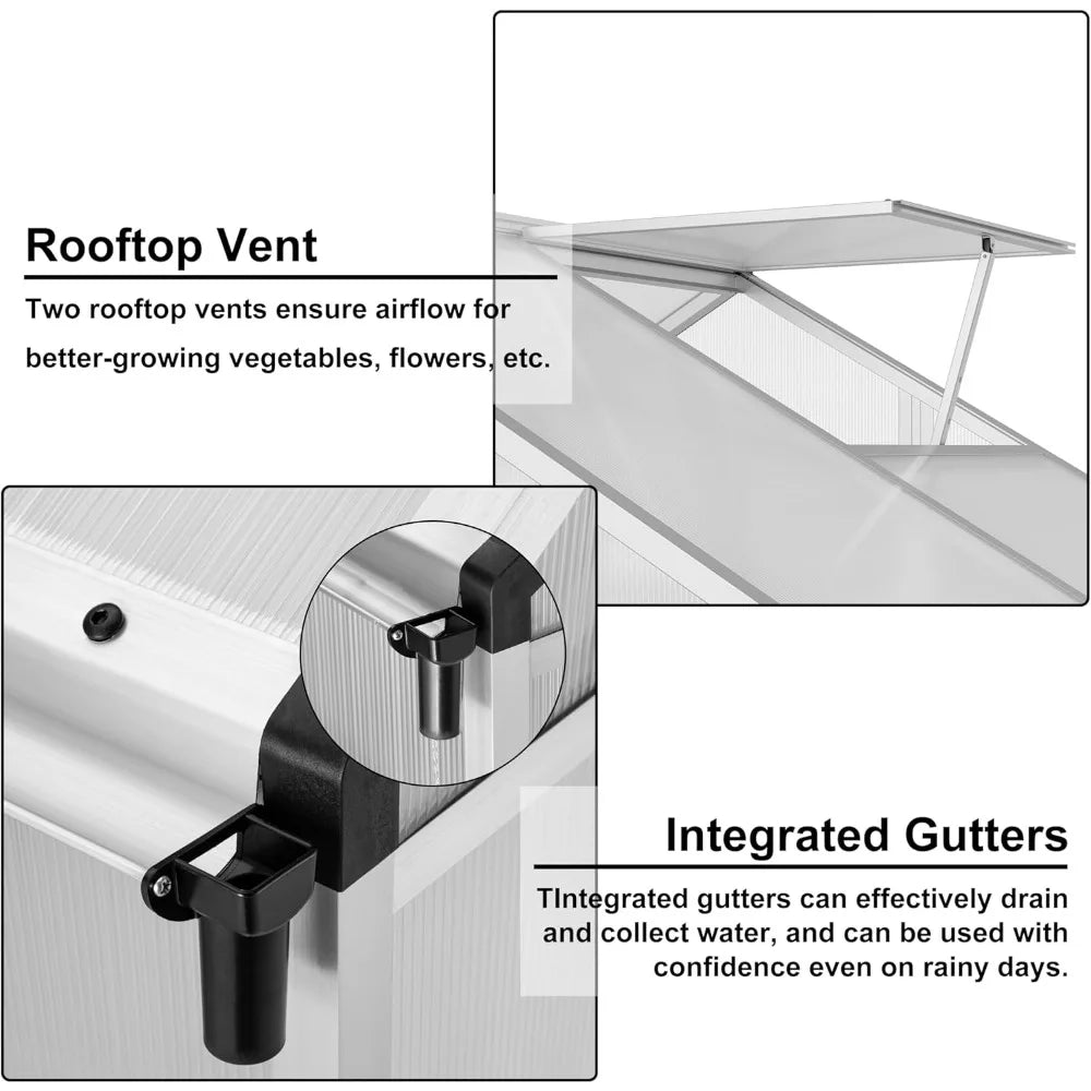 Polycarbonate Walk In Greenhouse Aluminum Frame With Roof Vents