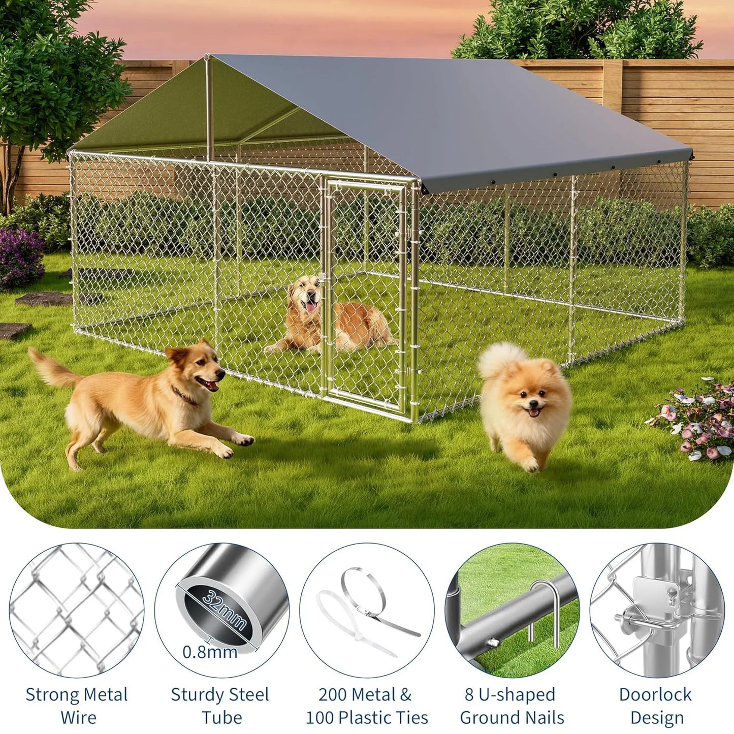 10x10x6ft Heavy Duty Outdoor Dog Kennel With Waterproof UV Cover Galvanized Chain Link Enclosure For Backyard Farm & Pet Run