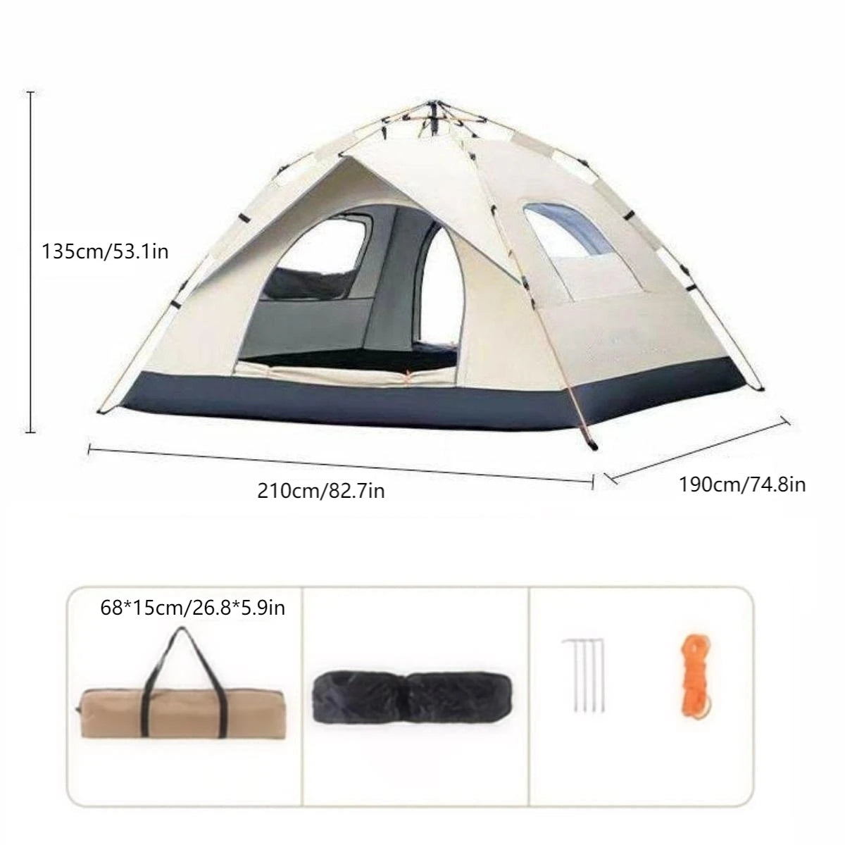 Pakicetus Auto Opening Camping Tent Three To Four People With Two Doors And Two Windows Waterproof 1500mm