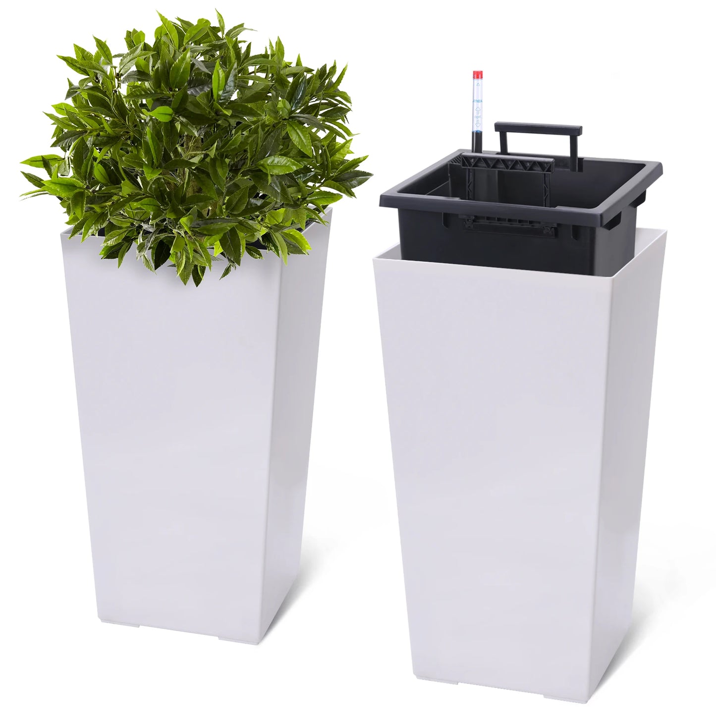 HobbyLane Tall Planter 22.4 Inch Two Pack Indoor Outdoor Black With Shelf Insert For Home Gardeners