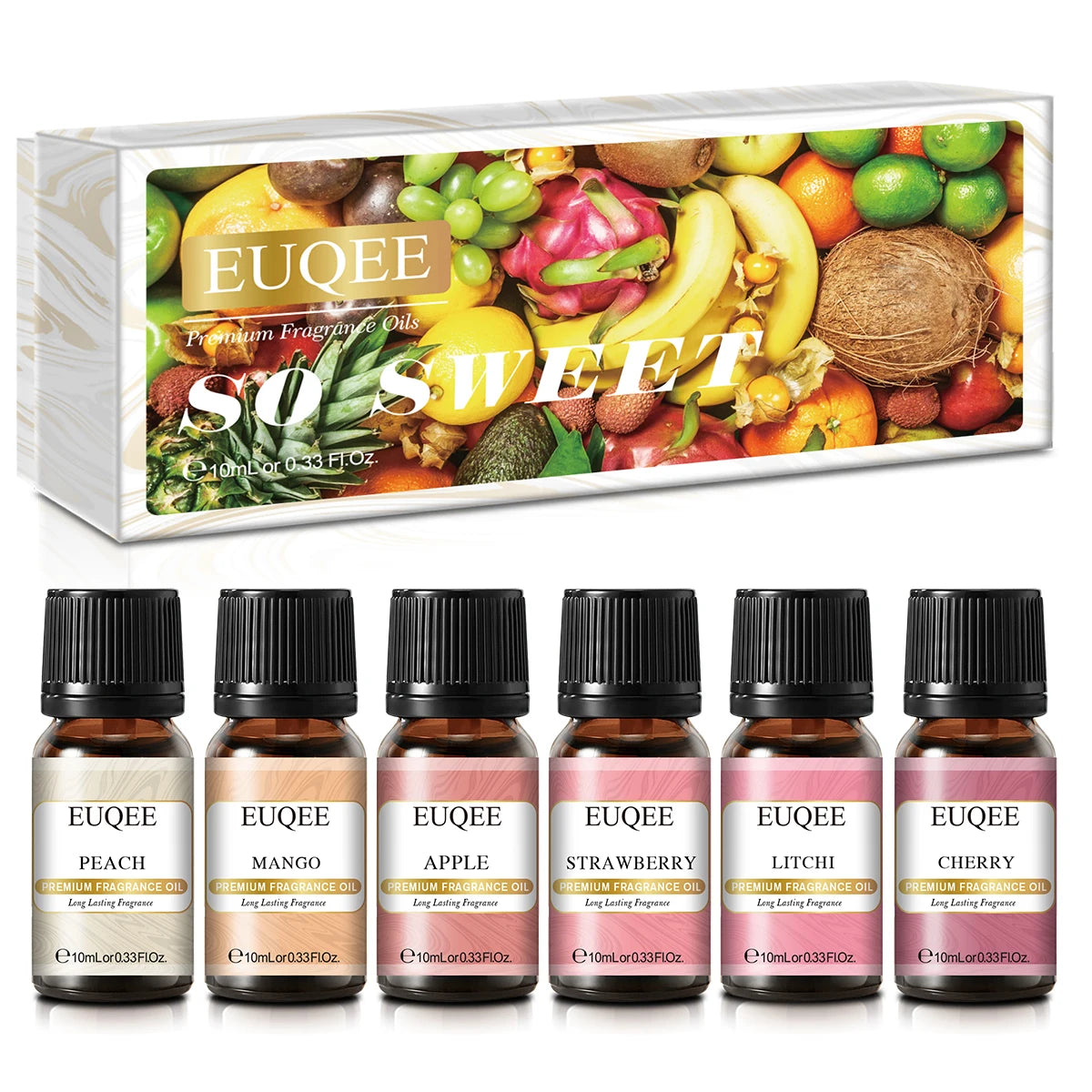 EUQEE 6PCS Aromatherapy Fragrance Oil Gift Set Coffee Fruit Series Essential Oils 10ml Strawberry Cherry Pumpkin Pie Leather