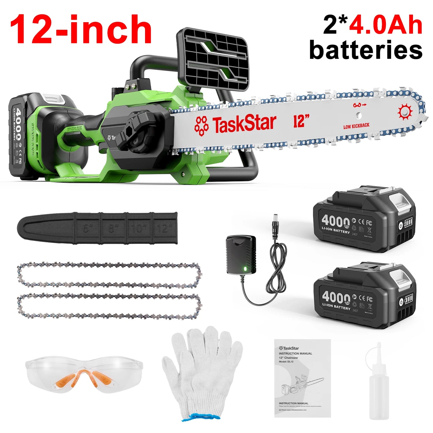 TaskStar Brushless Electric Chainsaw Cordless With 2 Rechargeable Batteries