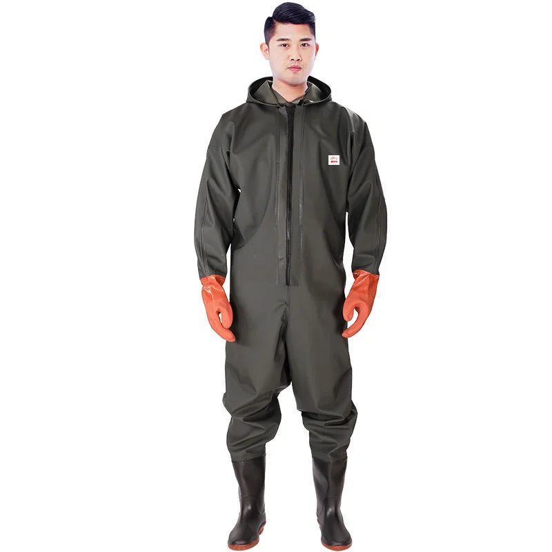Men Hooded Waterproof Wader Overalls Set With Boots And Gloves For Fishing Hunting Outdoors