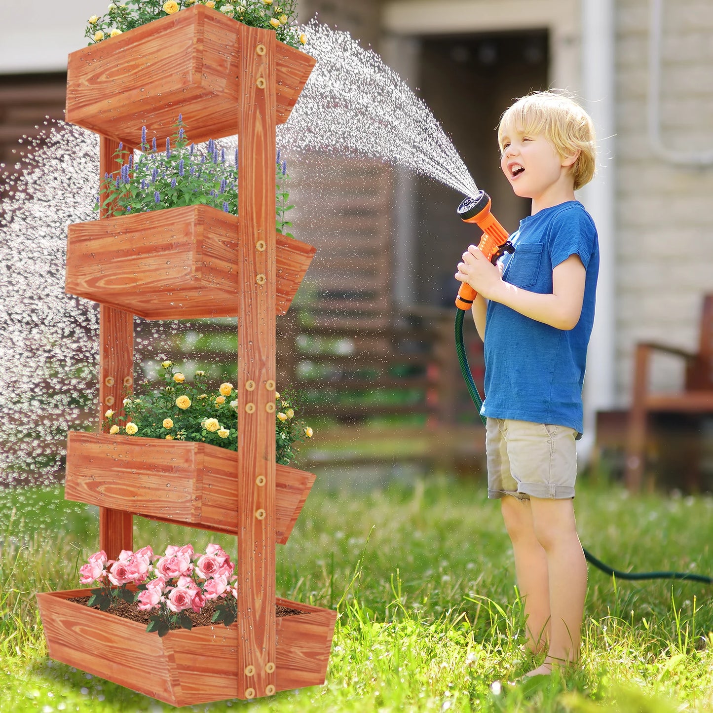 Wooden Raised Garden Bed Vertical Planter Rack With Detachable Ladder