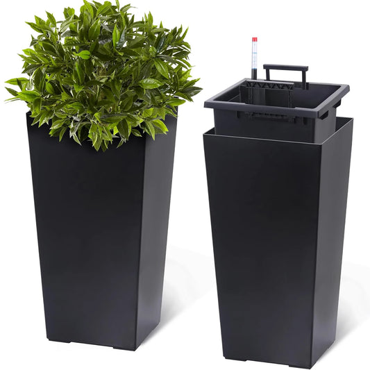 HobbyLane Tall Planter 22.4 Inch Two Pack Indoor Outdoor Black With Shelf Insert For Home Gardeners