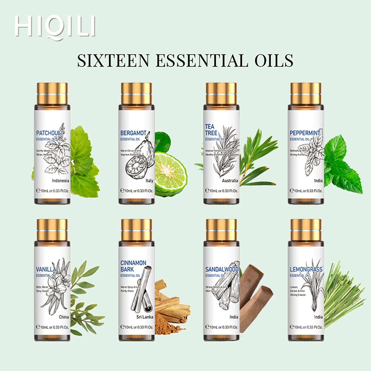 HIQILI 16 PCS 10ML Essential Oils Set,  Pure Lavender,Eucalyptus,Vanilla, Jasmine,Mint,Rose Oil for Diffuser,Humidifier, Candles