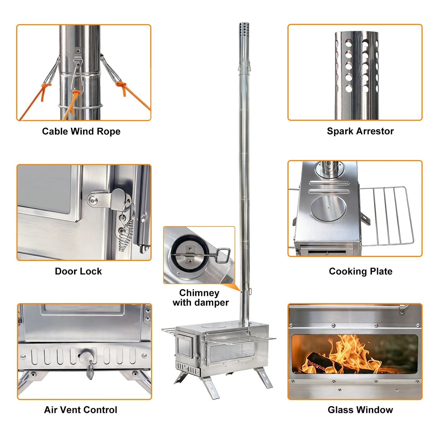 Portable Stainless Hot Tent Stove With Ceramic Glass Chimney Pipes
