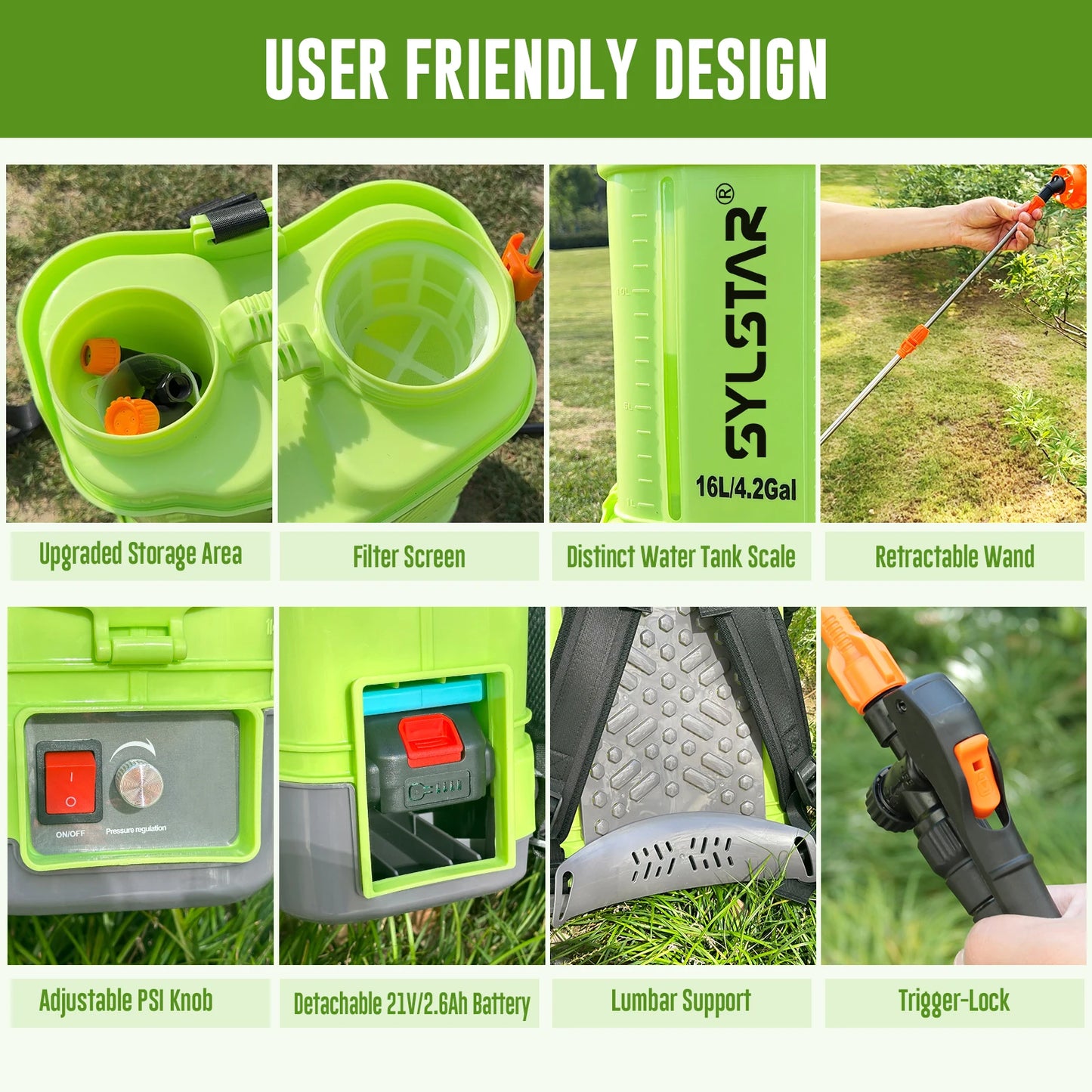 SYLSTAR Battery Powered Backpack Sprayer 100 PSI 5 Nozzles