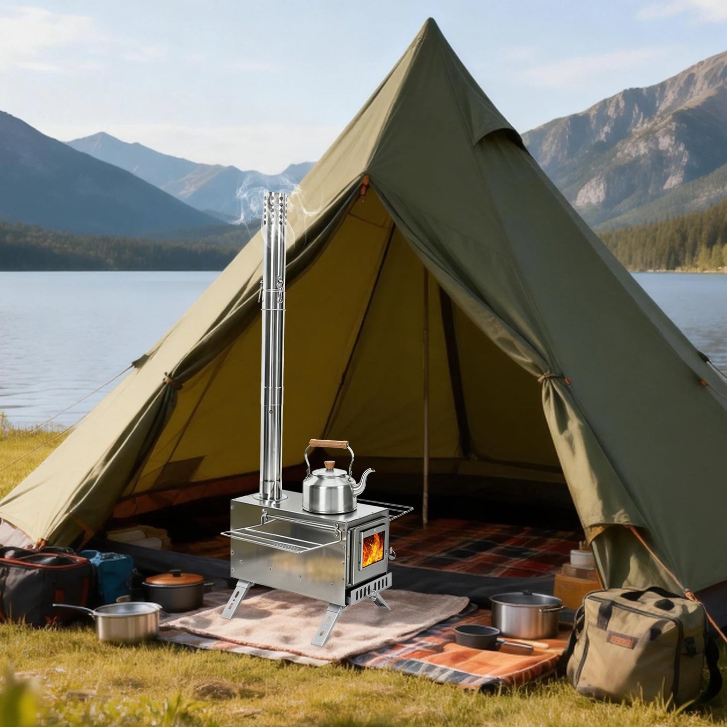 Portable Wood Burning Stove With Stainless Chimney Tubes For Camping