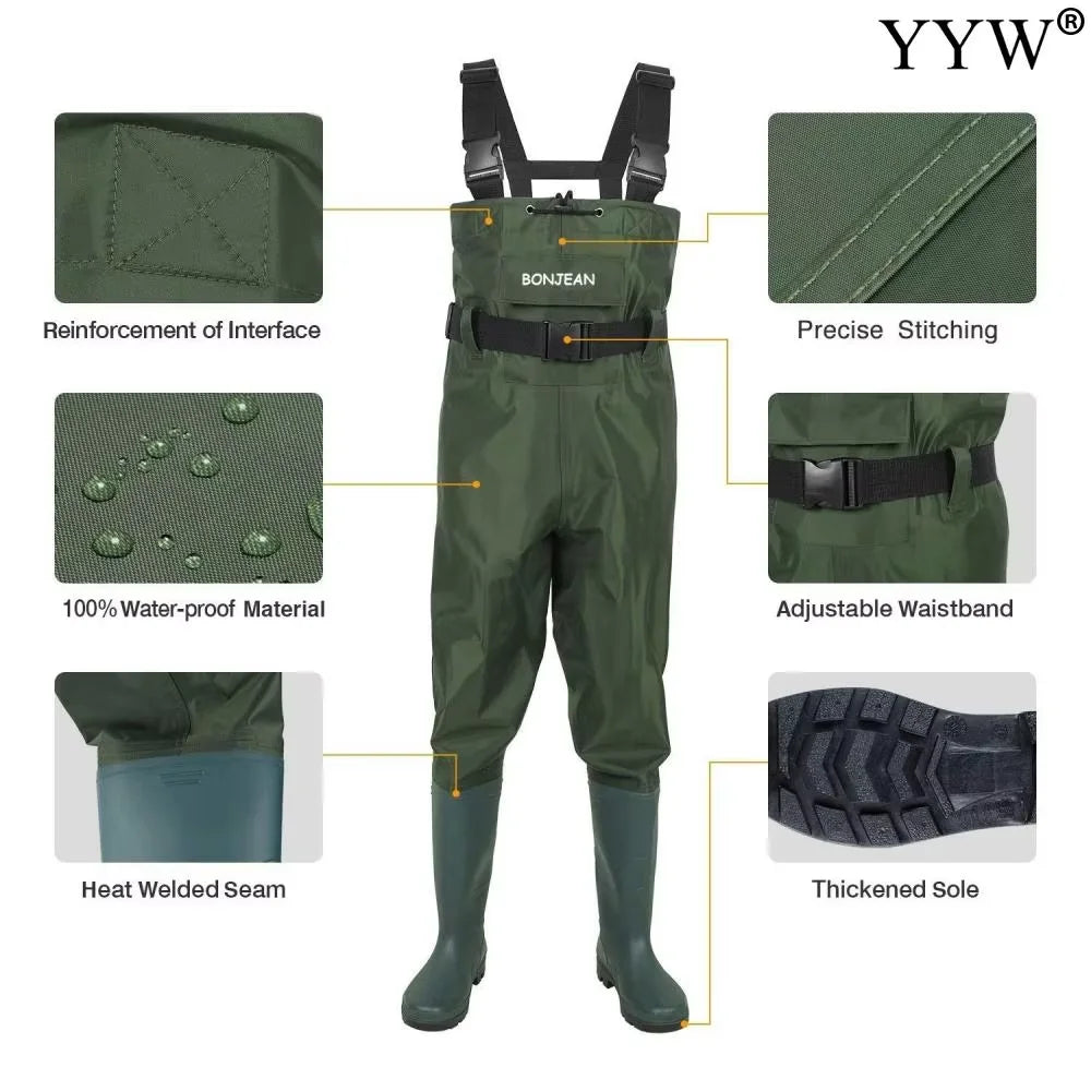 Waterproof Fishing Waders Pants Chest-Length Wader With Boots Durable Breathable Overalls Kit for Men Women Outdoor Raft Hunting