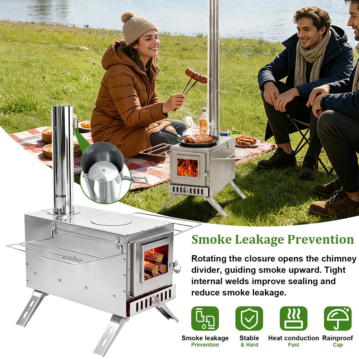 Portable Wood Burning Stove With Stainless Chimney Tubes For Camping