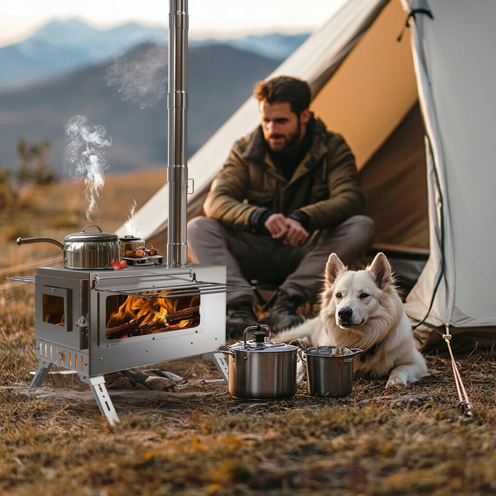 Portable Stainless Hot Tent Stove With Ceramic Glass Chimney Pipes