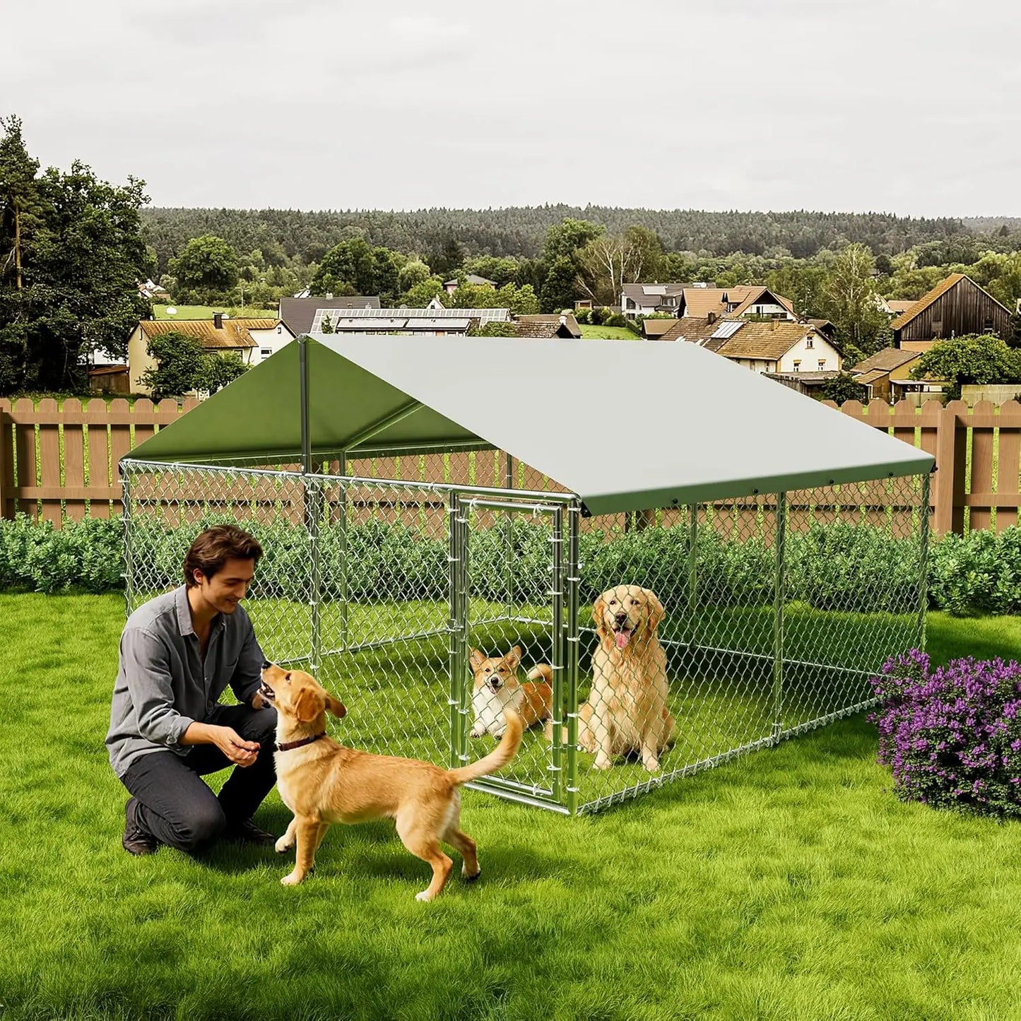 10x10x6ft Heavy Duty Outdoor Dog Kennel With Waterproof UV Cover Galvanized Chain Link Enclosure For Backyard Farm & Pet Run