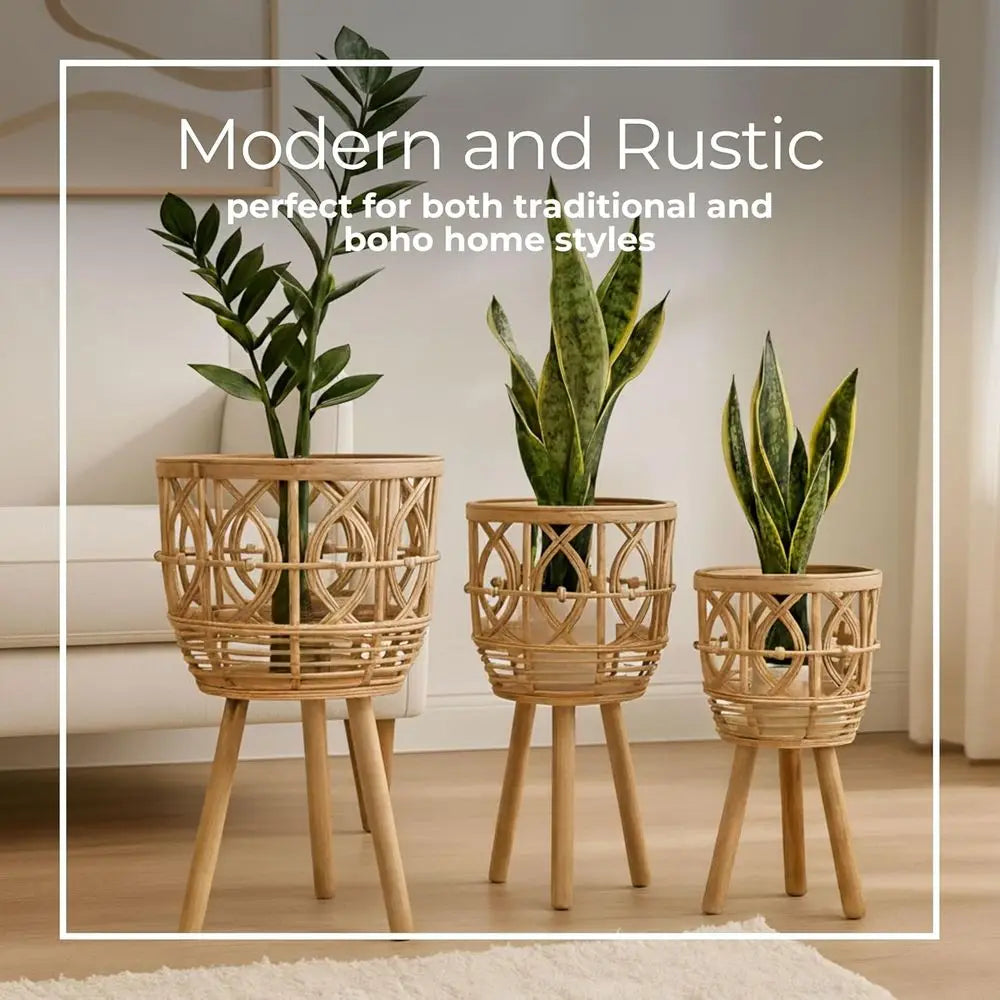 Wooden Planter Pots Set With Stands For Boho Home Decor