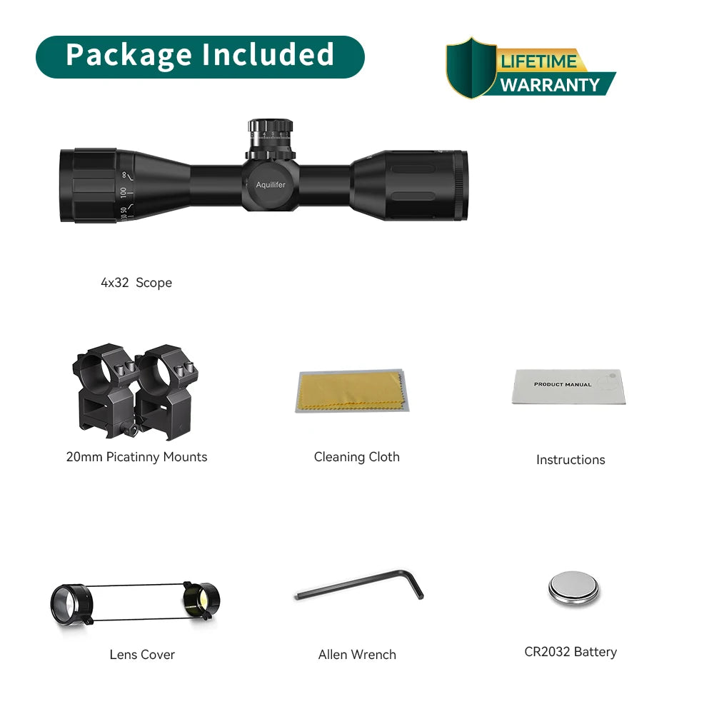AQUILIFER 4X32 Rifle Scope For 22LR AO SFP Zero Stop