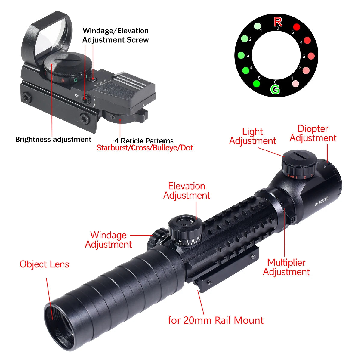 Riflescope Tactical 3 To 9x Red Dot Illuminated Optic