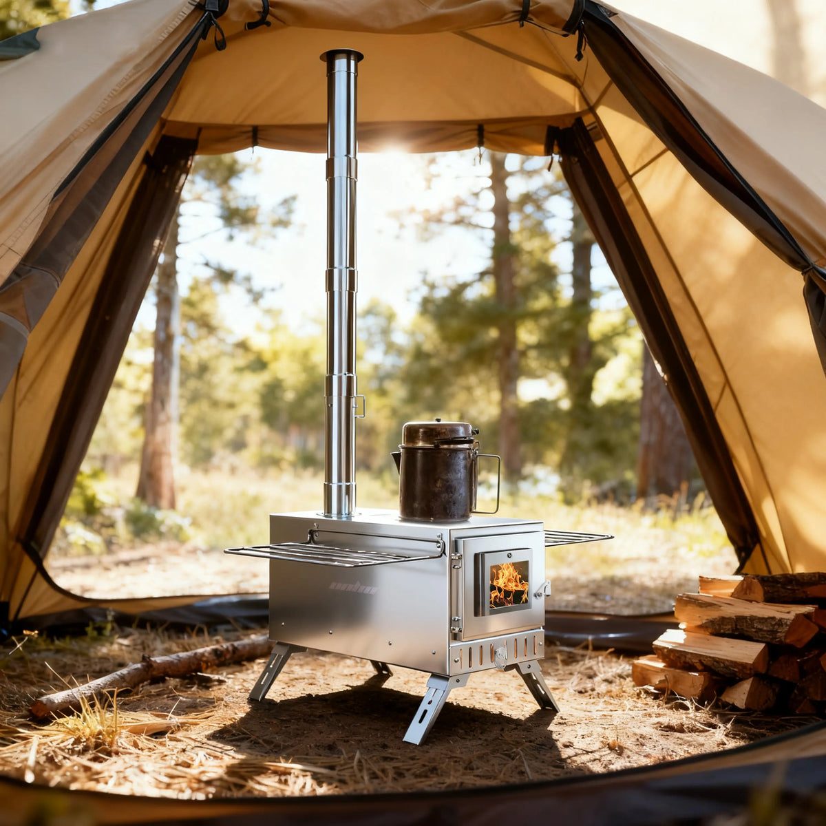 Portable Stainless Hot Tent Stove With Ceramic Glass Chimney Pipes