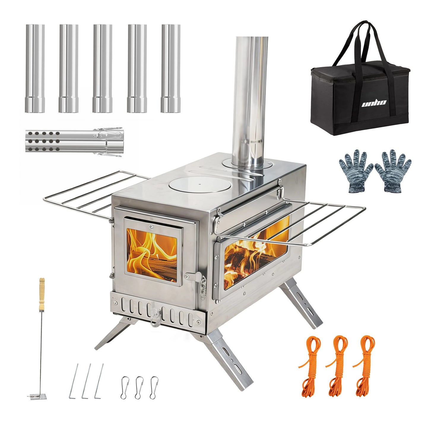 Portable Stainless Hot Tent Stove With Ceramic Glass Chimney Pipes