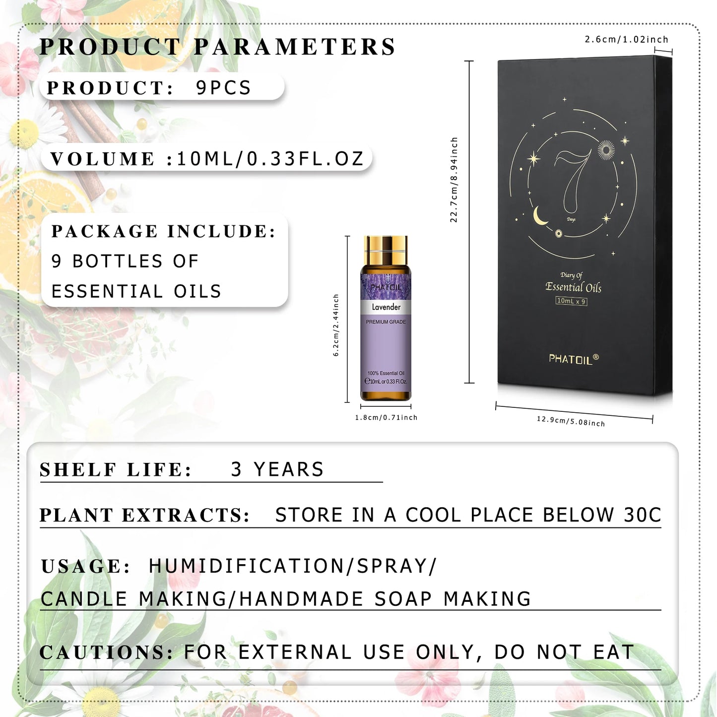 PHATOIL 9pcs Gift Set Pure Essential Oils Kit Vanilla Sandalwood