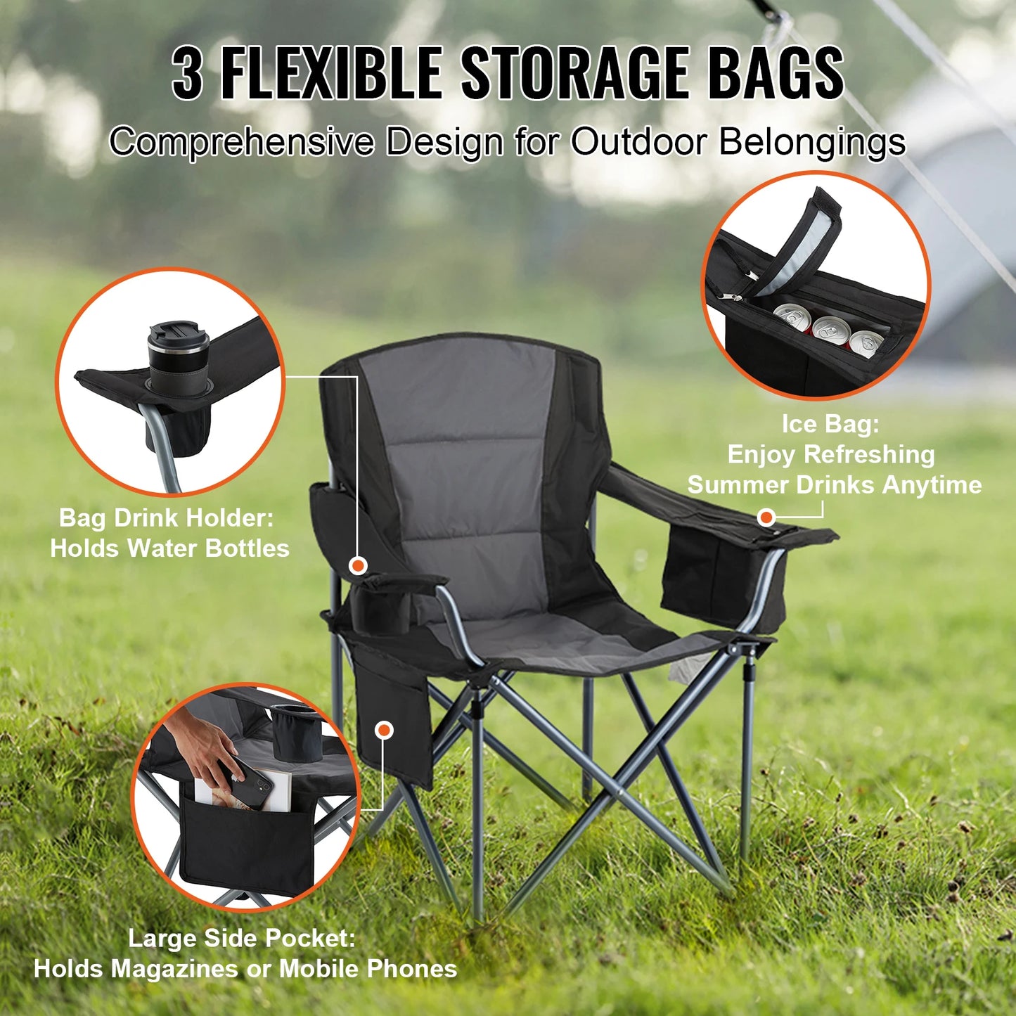 VEVOR Outdoor Camping Folding Chair With Lumbar Support And Side Pockets
