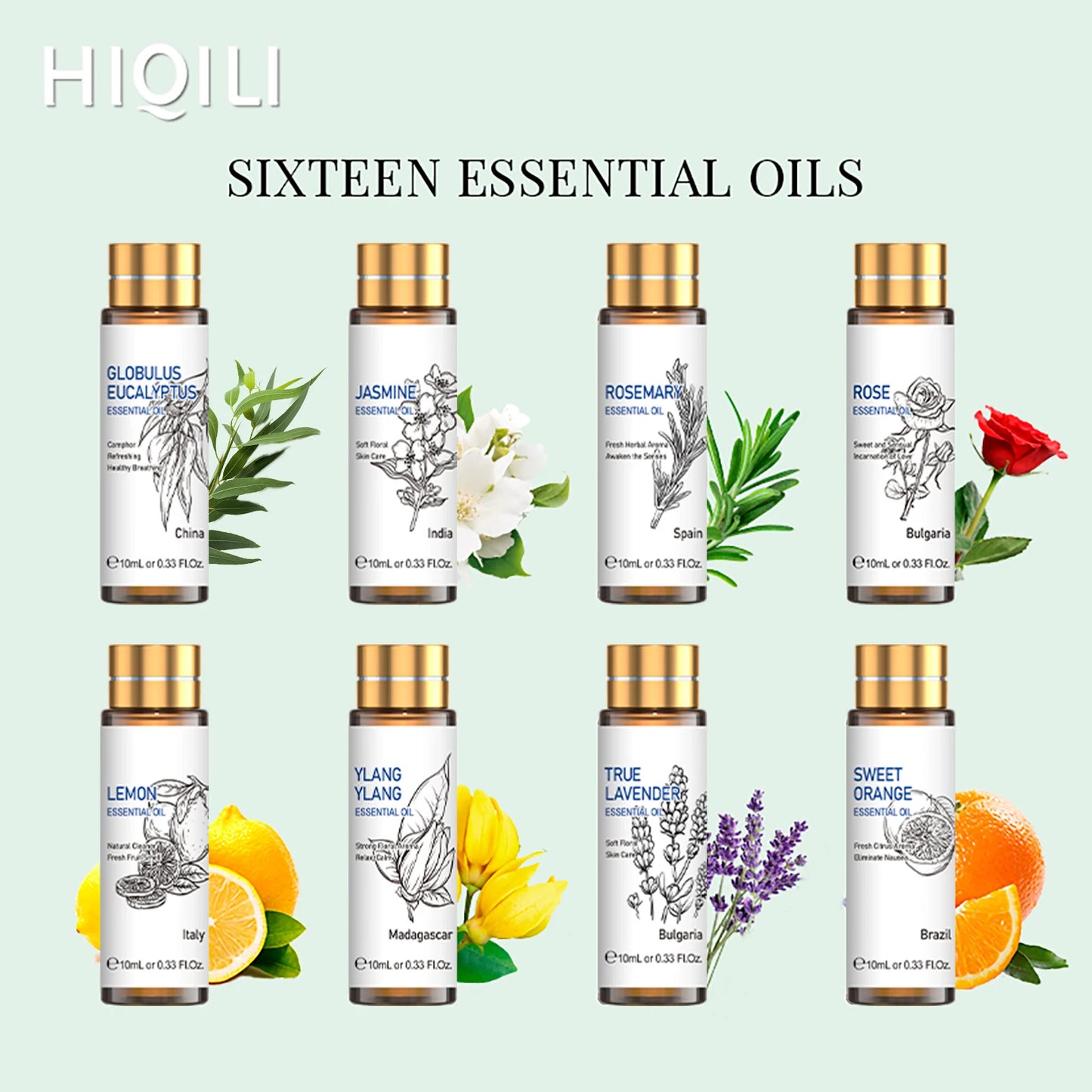 HIQILI 16 PCS 10ML Essential Oils Set,  Pure Lavender,Eucalyptus,Vanilla, Jasmine,Mint,Rose Oil for Diffuser,Humidifier, Candles