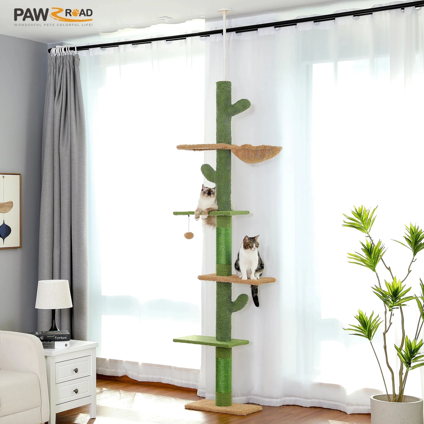 PAWZ Road 5-Tier Floor-To-Ceiling Cat Tree Cactus Tall Climbing Tower With Scratching Post Hammock For Indoor Cats