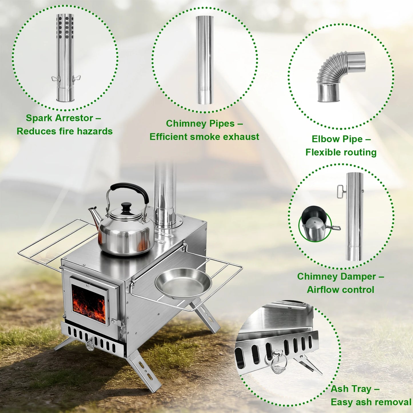 Portable Wood Burning Stove With Stainless Chimney Tubes For Camping
