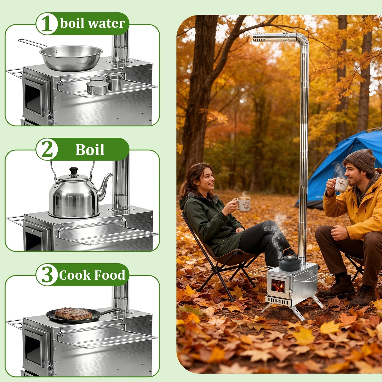 Portable Wood Burning Stove With Stainless Chimney Tubes For Camping
