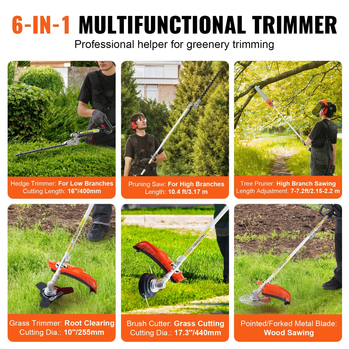 SucceBuy 6 In 1 Gas Hedge Trimmer String Trimmer Brush Cutter Pole Saw Chainsaw