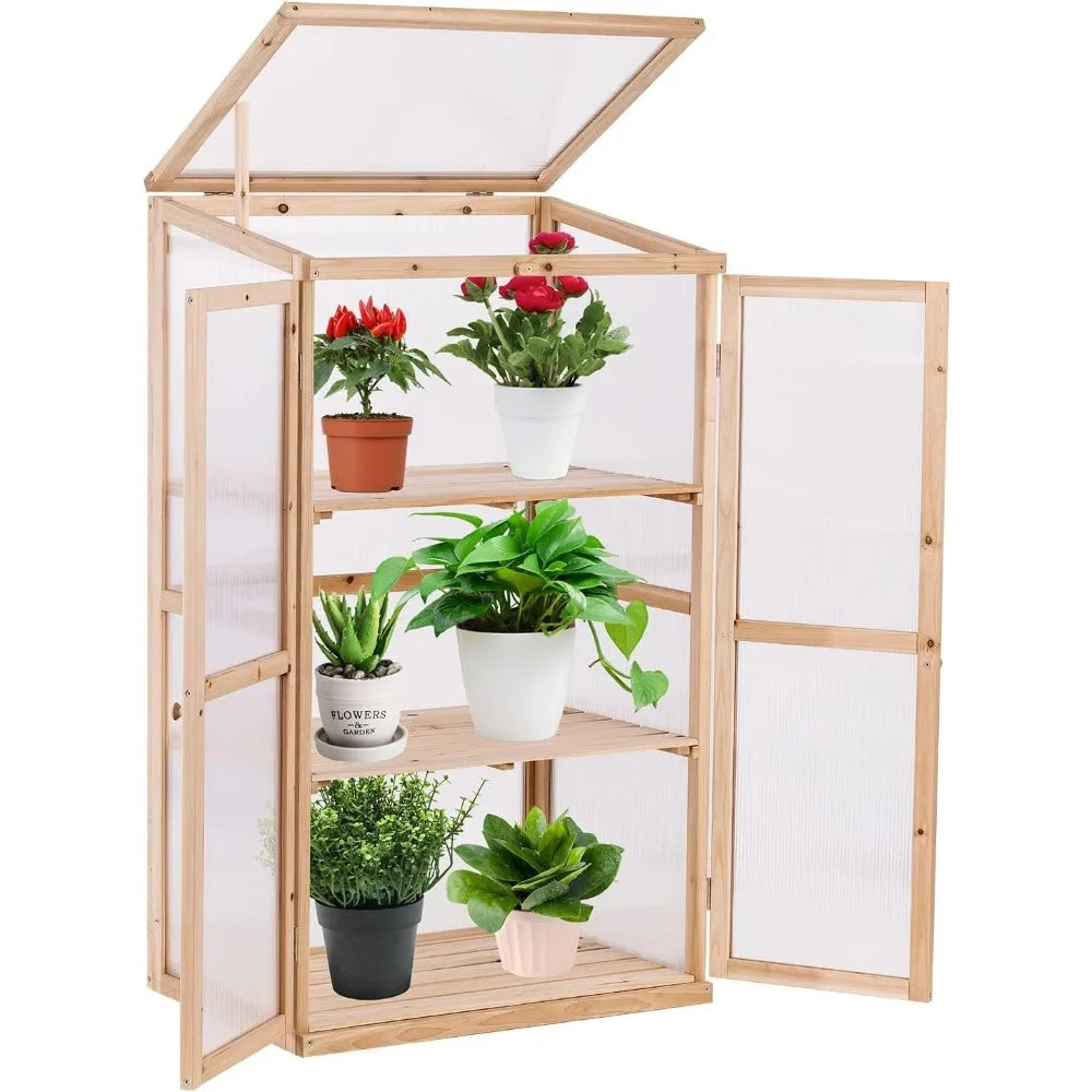 Greenhouse Wooden Cold Frame 3-Tier Garden Mini Nursery Vented Planter Wood Portable Flower Cabinet Front Top Opening