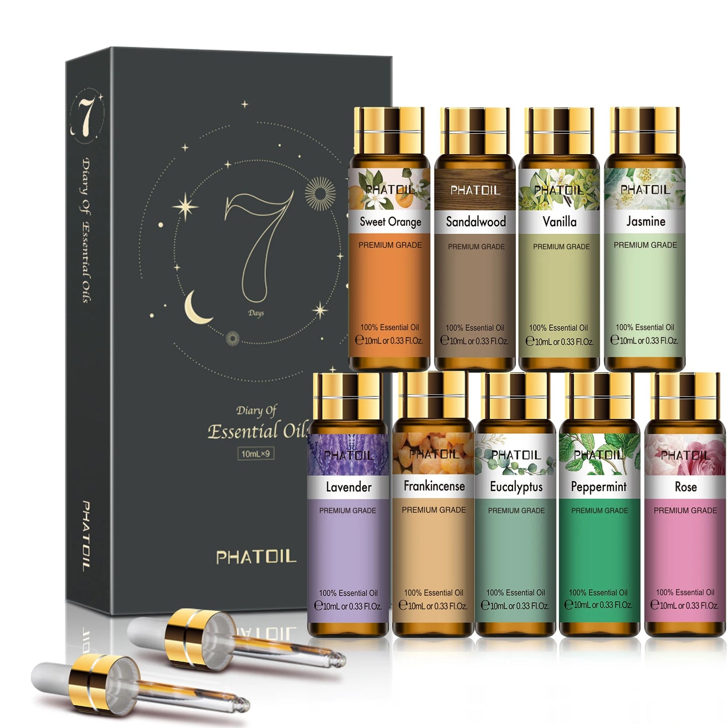 PHATOIL 9pcs Gift Set Pure Essential Oils Kit Vanilla Sandalwood