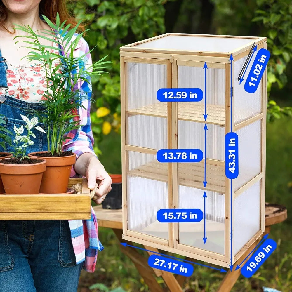 Greenhouse Wooden Cold Frame 3-Tier Garden Mini Nursery Vented Planter Wood Portable Flower Cabinet Front Top Opening