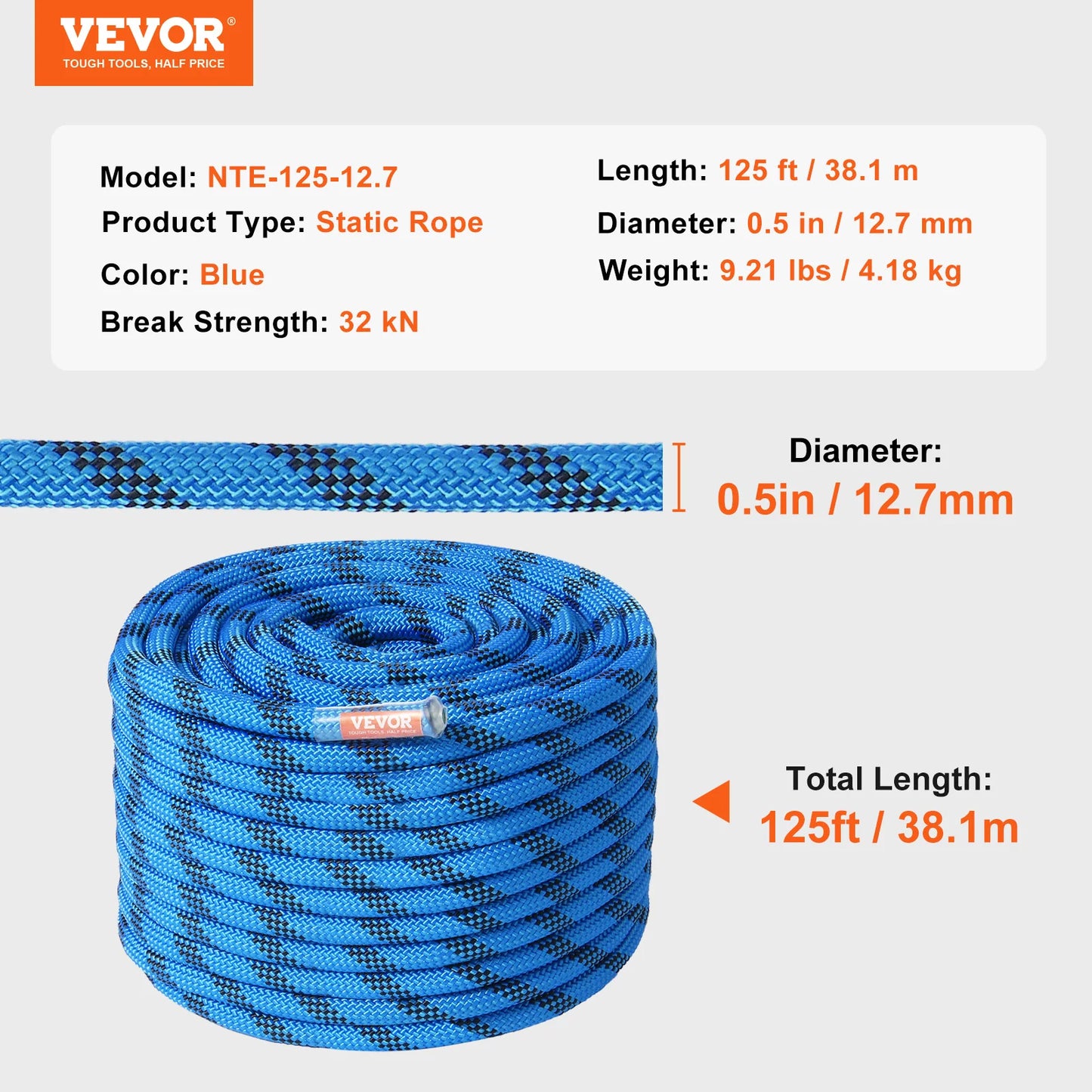 VEVOR Static Climbing Rope 30 kN Breaking Strength