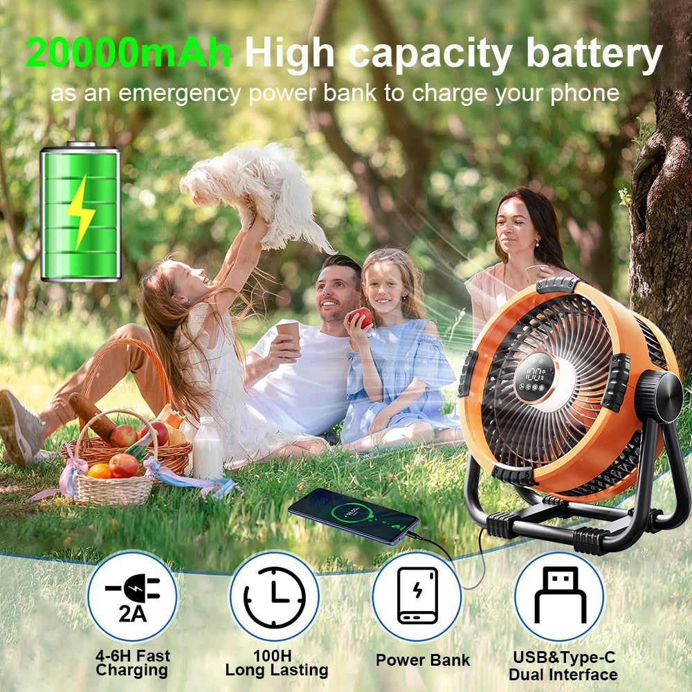 Raugee Camping Fan 20000mAh Portable Rechargeable Outdoor Fan With Light For Campers