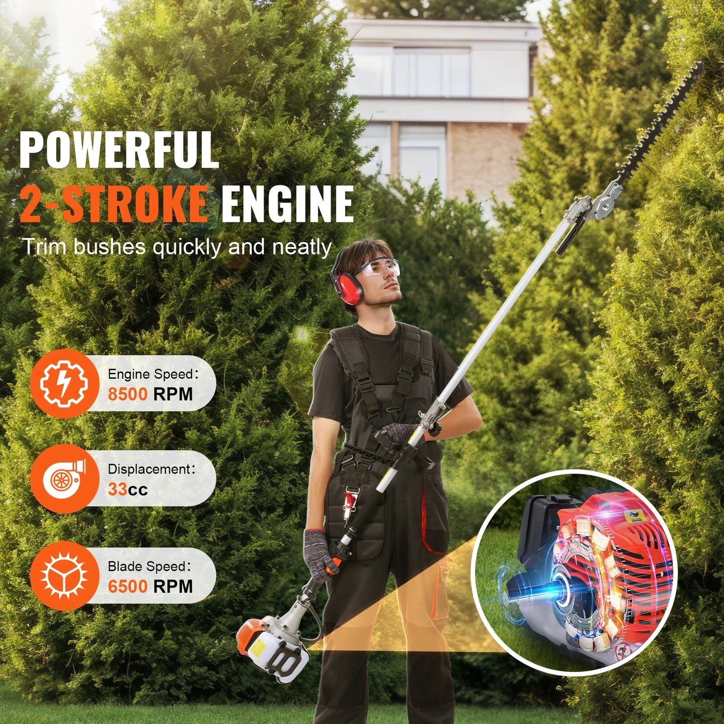 SucceBuy 6 In 1 Gas Hedge Trimmer String Trimmer Brush Cutter Pole Saw Chainsaw