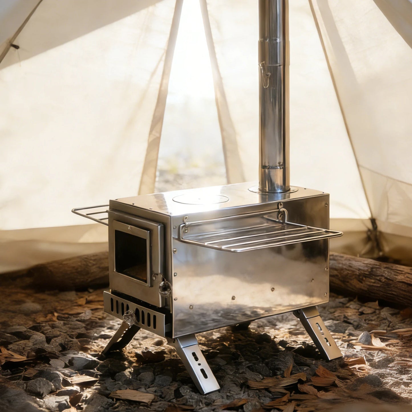 Portable Wood Burning Stove With Stainless Chimney Tubes For Camping