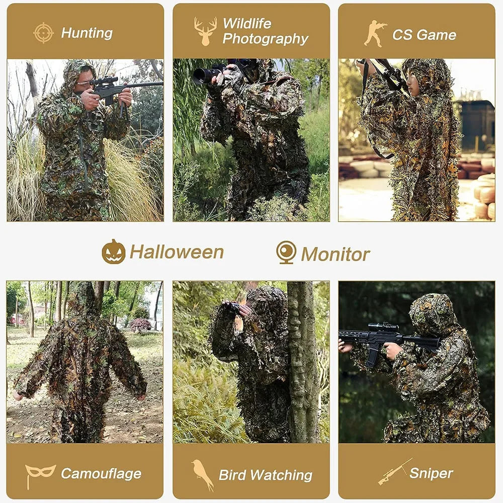NONECN 3D Ghillie Suit Tactical Camouflage Leaves Jungle