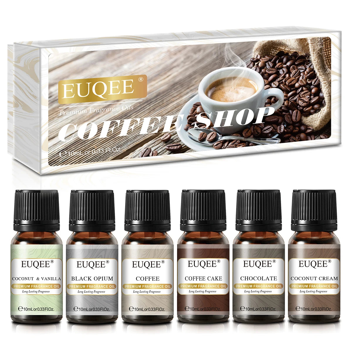 EUQEE 6PCS Aromatherapy Fragrance Oil Gift Set Coffee Fruit Series Essential Oils 10ml Strawberry Cherry Pumpkin Pie Leather