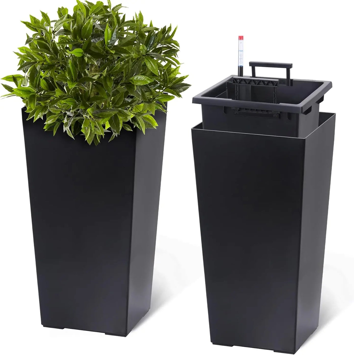 HobbyLane Tall Planter 22.4 Inch Two Pack Indoor Outdoor Black With Shelf Insert For Home Gardeners