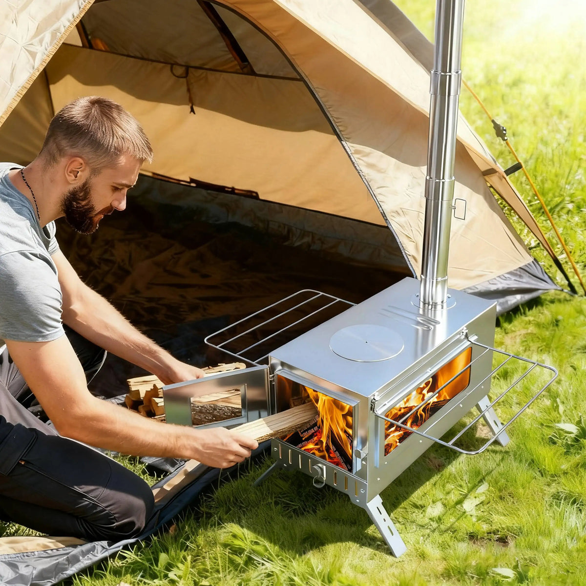 Portable Stainless Hot Tent Stove With Ceramic Glass Chimney Pipes
