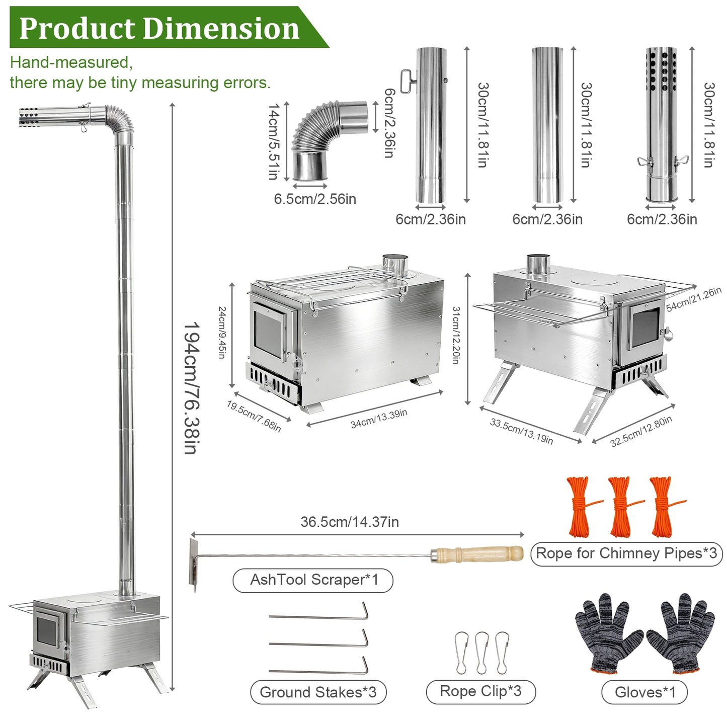 Portable Wood Burning Stove With Stainless Chimney Tubes For Camping