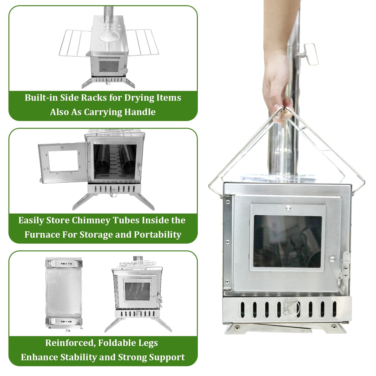 Portable Wood Burning Stove With Stainless Chimney Tubes For Camping