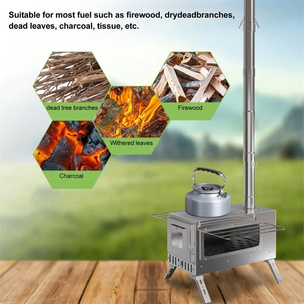 Portable Wood Burning Stove With 6 Stainless Chimney Pipes