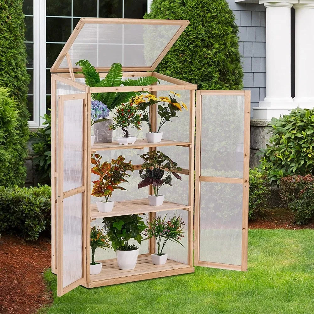Greenhouse Wooden Cold Frame 3-Tier Garden Mini Nursery Vented Planter Wood Portable Flower Cabinet Front Top Opening