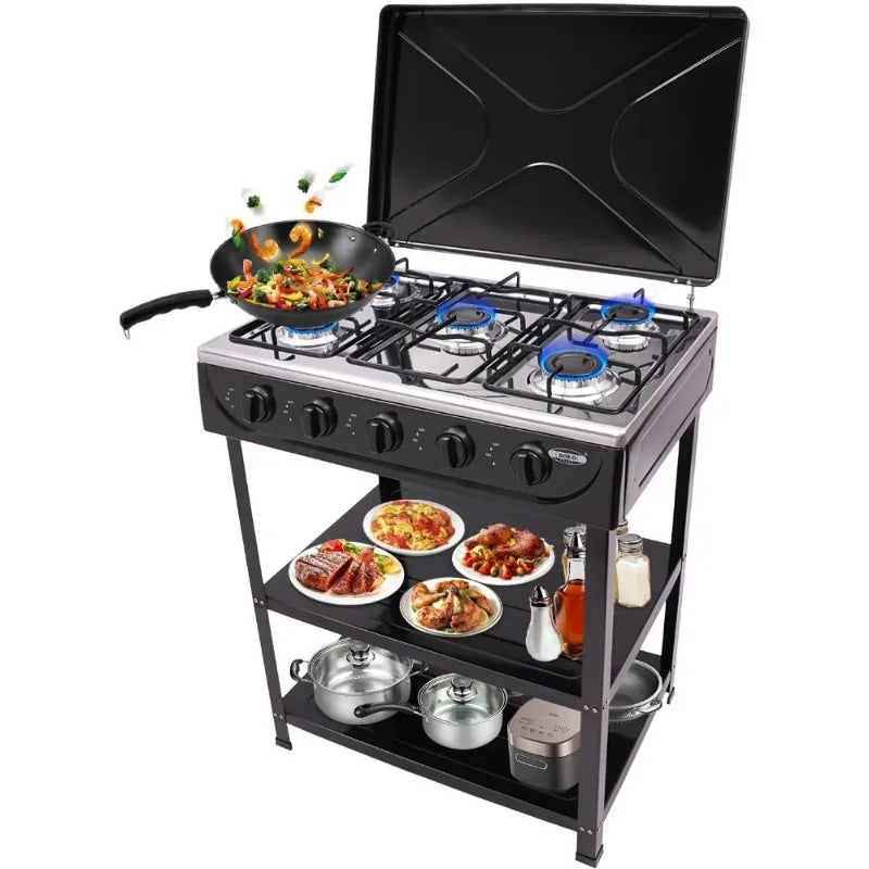 Natural Gas Stove Outdoor 5-Burner Stove Portable Gas Stove with 2 Placement Boards and Windshield for Outdoor Camping RV Travel