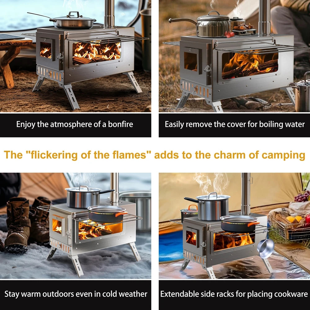 Portable Stainless Hot Tent Stove With Ceramic Glass Chimney Pipes
