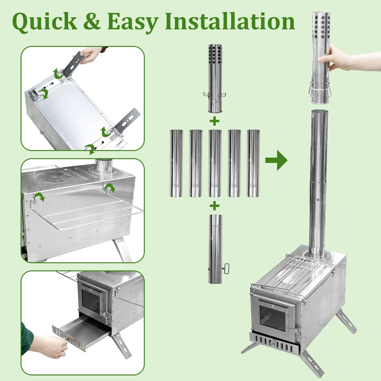Portable Wood Burning Stove With Stainless Chimney Tubes For Camping