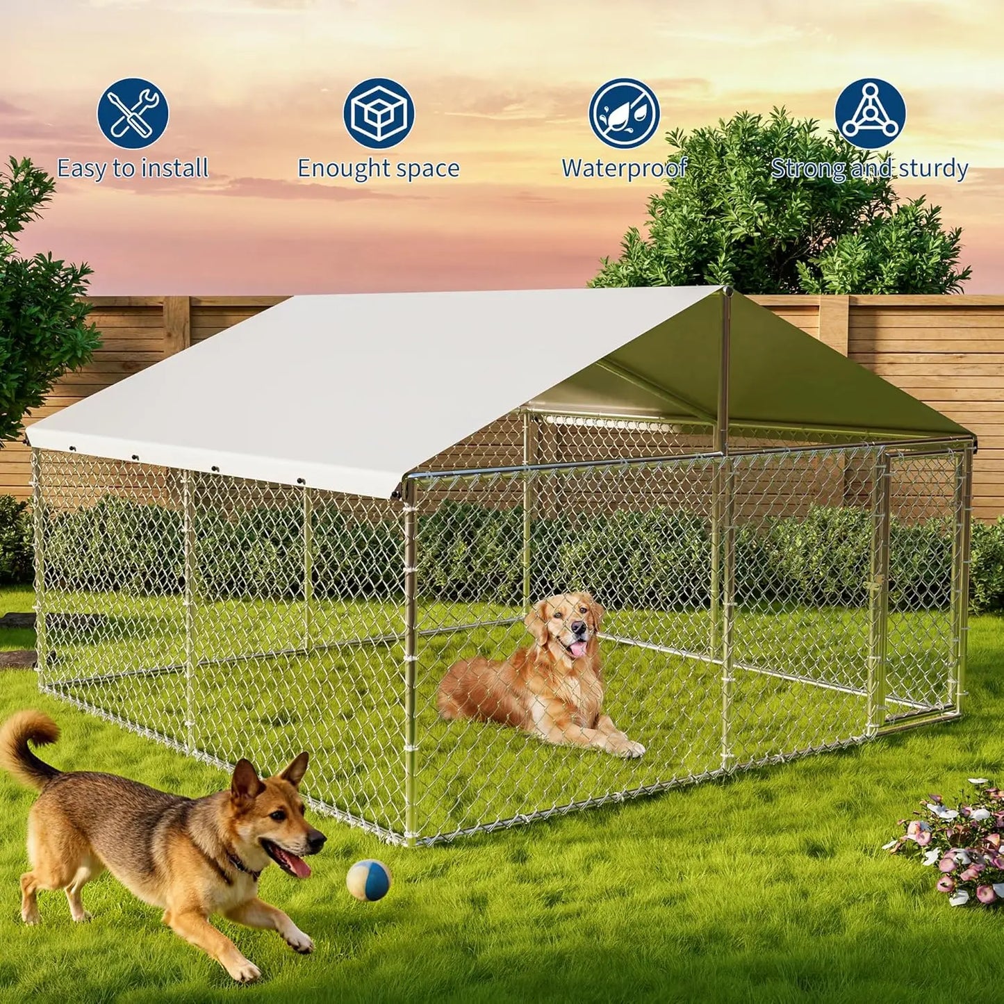 10x10x6ft Heavy Duty Outdoor Dog Kennel With Waterproof UV Cover Galvanized Chain Link Enclosure For Backyard Farm & Pet Run